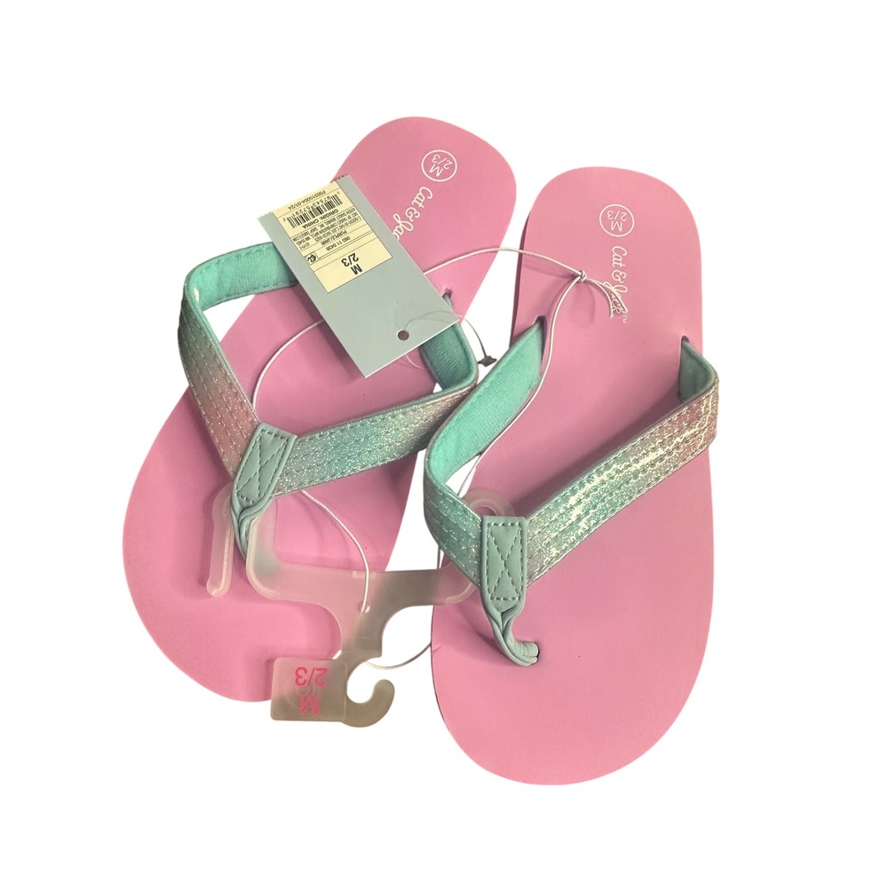 Cat & Jack Girls Pink Mint Glitter Flip Flops Sandals Size M 2/3 093 11 0438